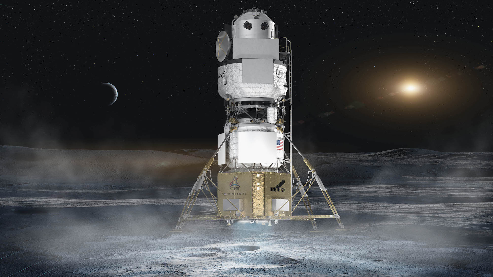 The national team's lunar lander combining Blue Origin, Lockheed Martin, Northrop Grumman and Draper Laboratory.  Credit: Blue Origin.