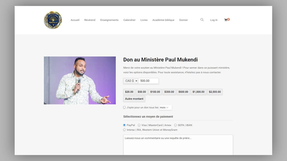 Page on the Ministry's website Paul Mukendi Inc.