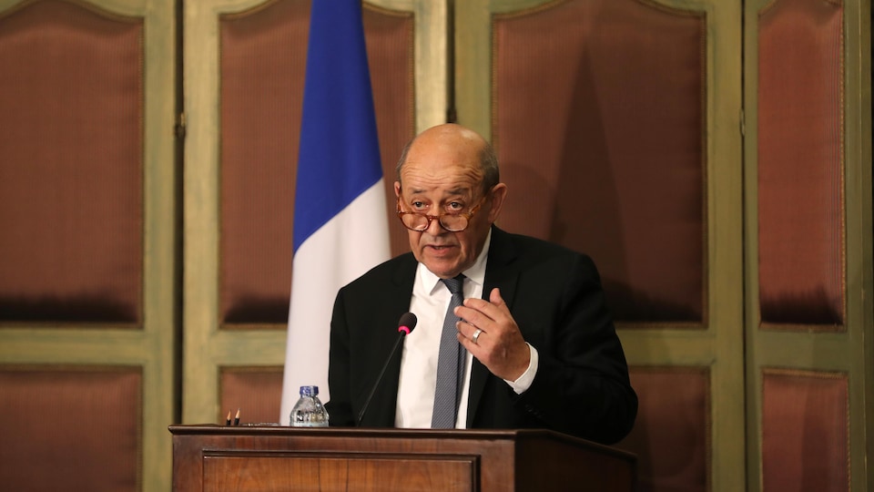 French Foreign Minister Jean-Yves Le Drian at a press conference.