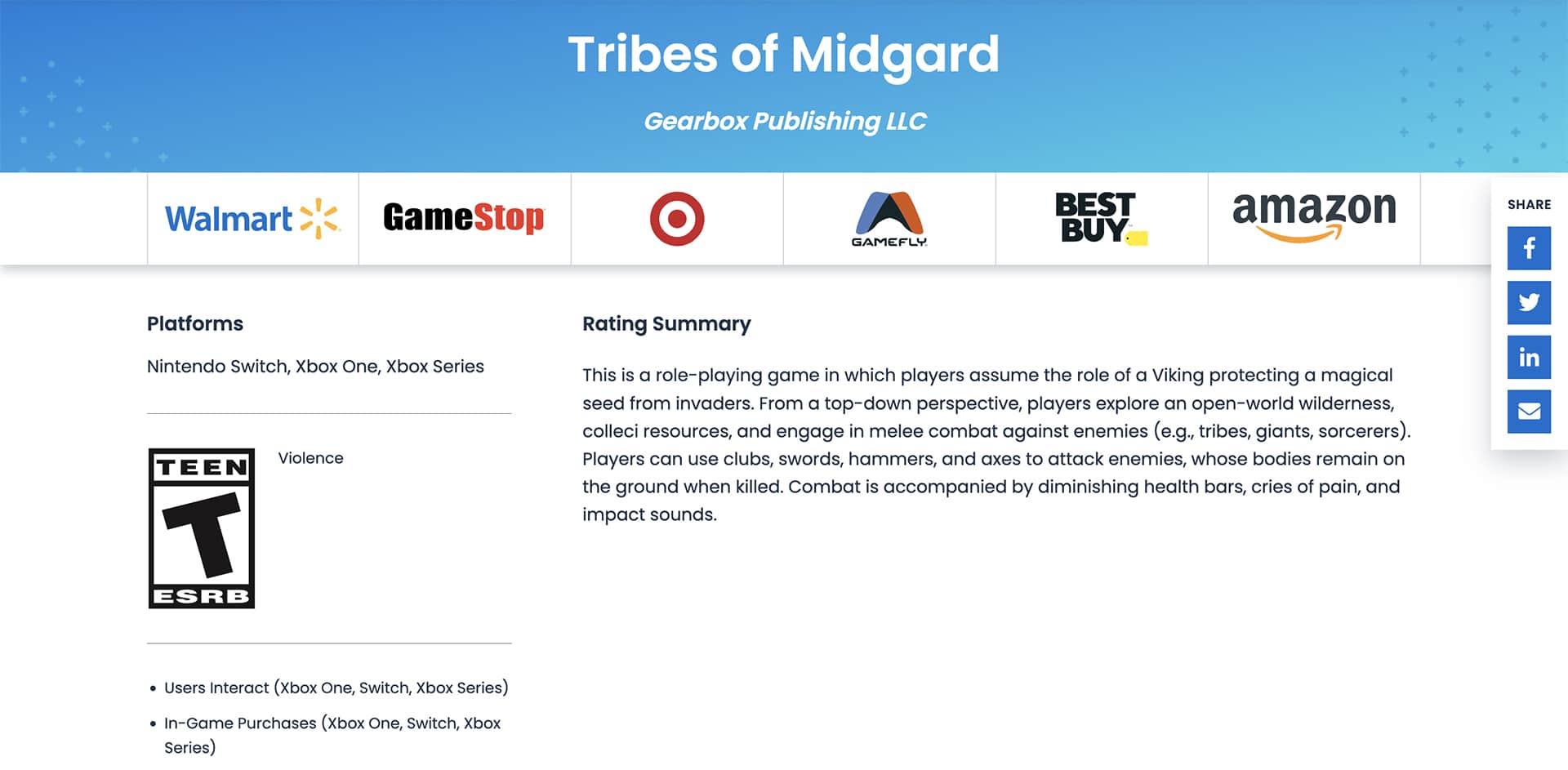 Tribes of Midgard is listed on the Nintendo Switch by ESRB
