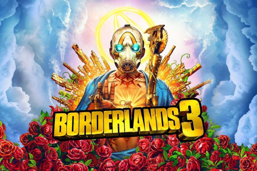 image promotionnelle de Borderlands 3 montrant un personnage portant le fameux masque du jeu, ressemblant à un saint