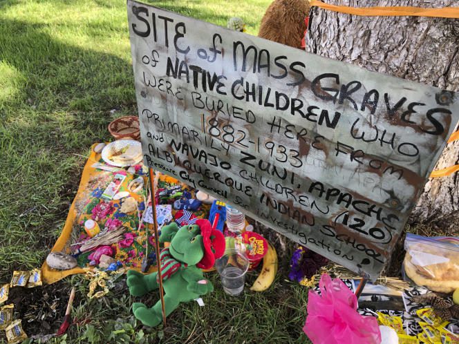 Temporary memorial for dozens of Native American children who died a century ago on July 1, 2021, in a public park in Albuquerque, New Mexico, at a nearby boarding school. 