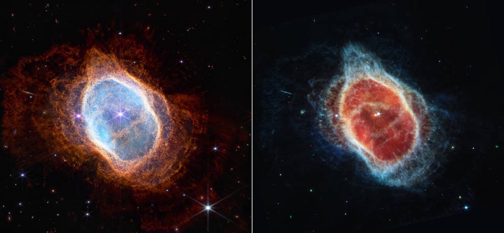Side-by-side views of the Southern Ring Planetary Nebula as seen by the Webb Telescope (NIRCam, left; MIRI, right) against a black background of space;  A bright star appears in the center in both images, surrounded by an undulating ring of gas