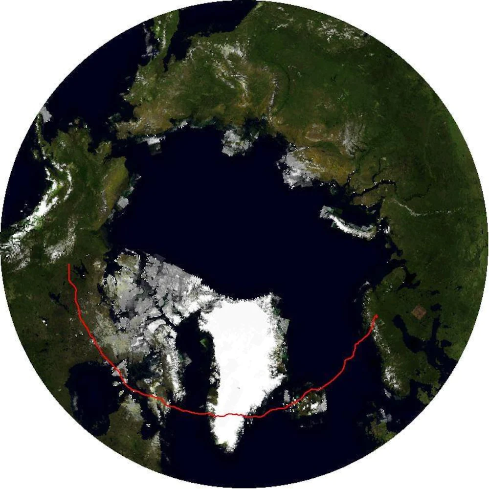 Round Earth Map showing Earth from the North Pole.  There is a red line drawn.