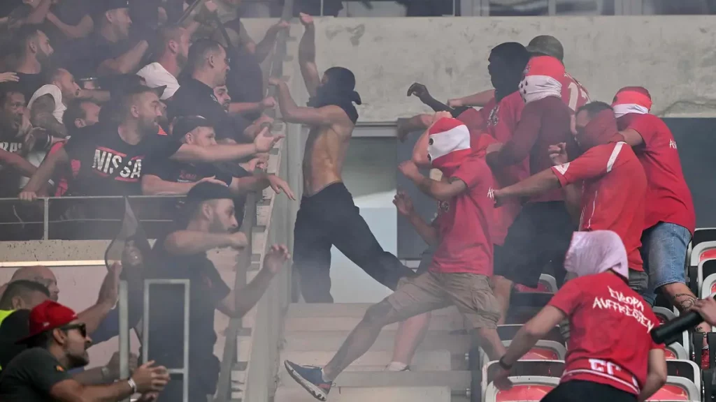 Fighting broke out in the stands in Nice, and 32 were wounded, one of them seriously
