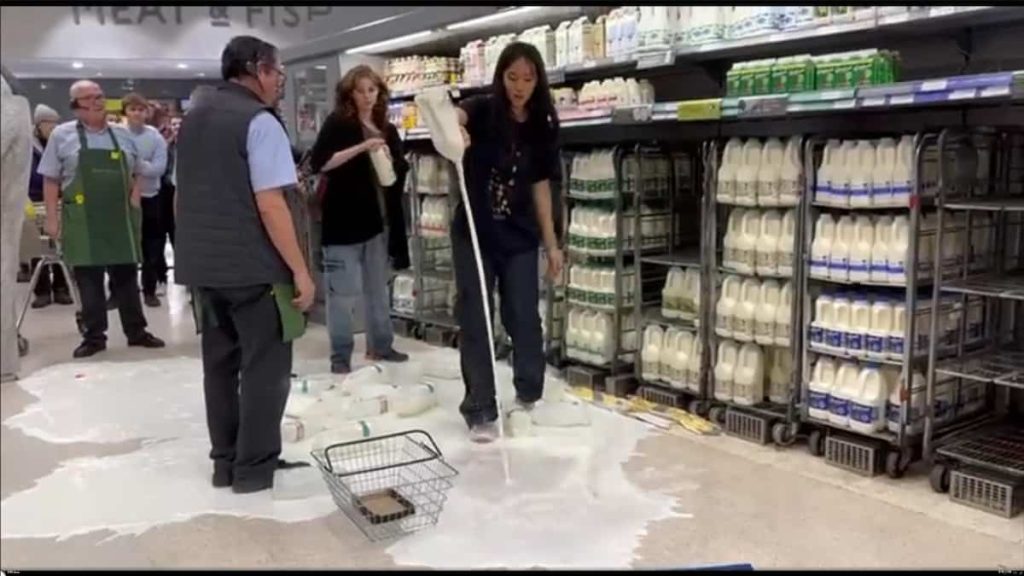 British activists protest by throwing liters of milk on the floor